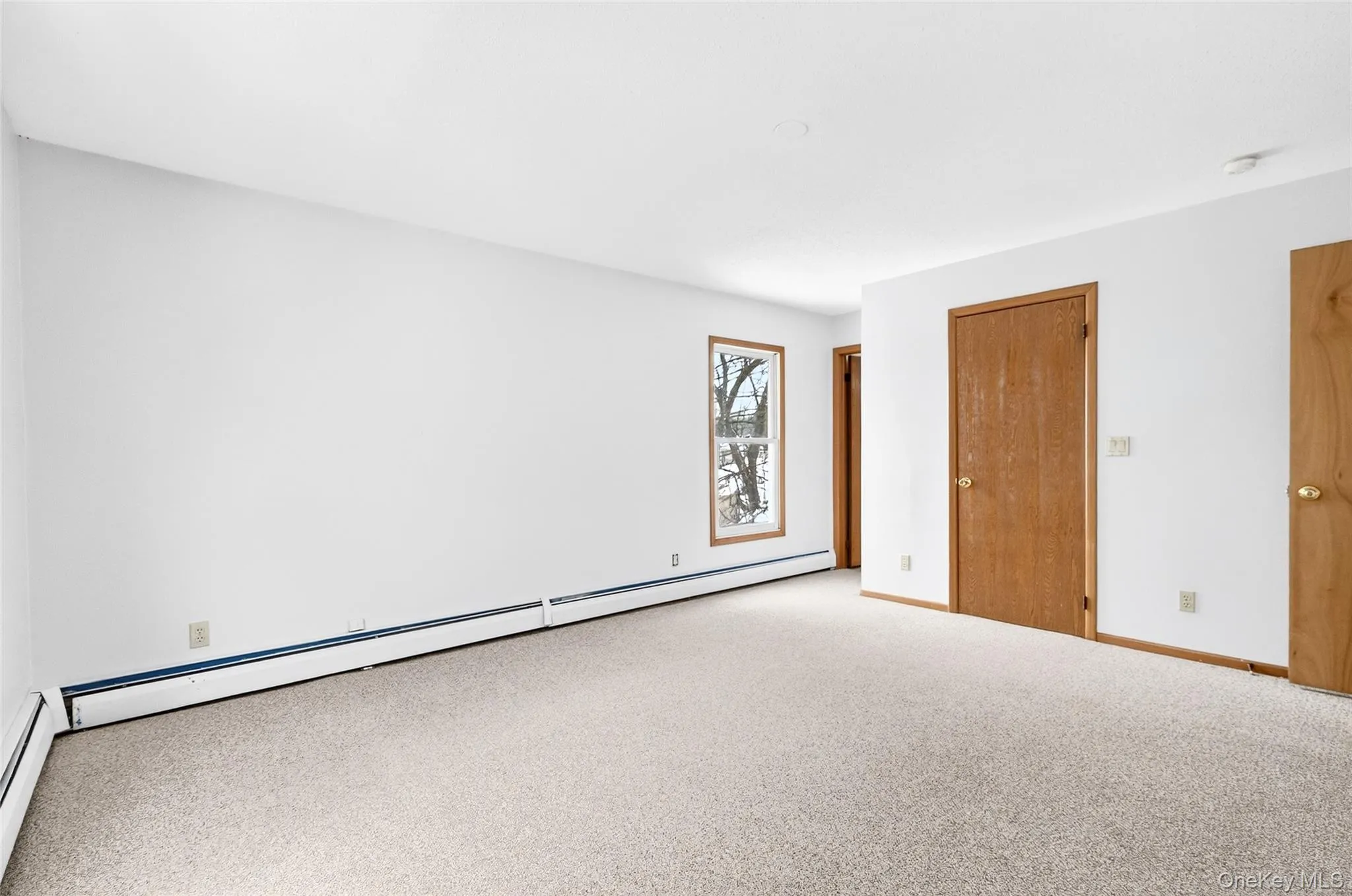 Unfurnished room with carpet flooring and baseboard heating Unfurnished room with carpet flooring and baseboard heating