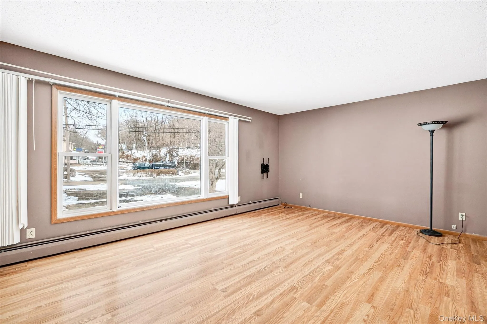 Spare room featuring baseboard heating, light wood-type flooring, and a textured ceiling Spare room featuring baseboard heating, light wood-type flooring, and a textured ceiling