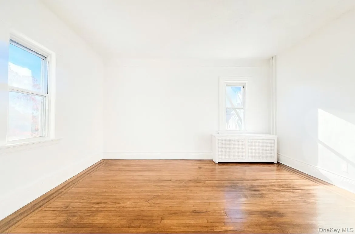 Empty room featuring radiator, light wood finished floors, and healthy amount of natural light Empty room featuring radiator, light wood finished floors, and healthy amount of natural light