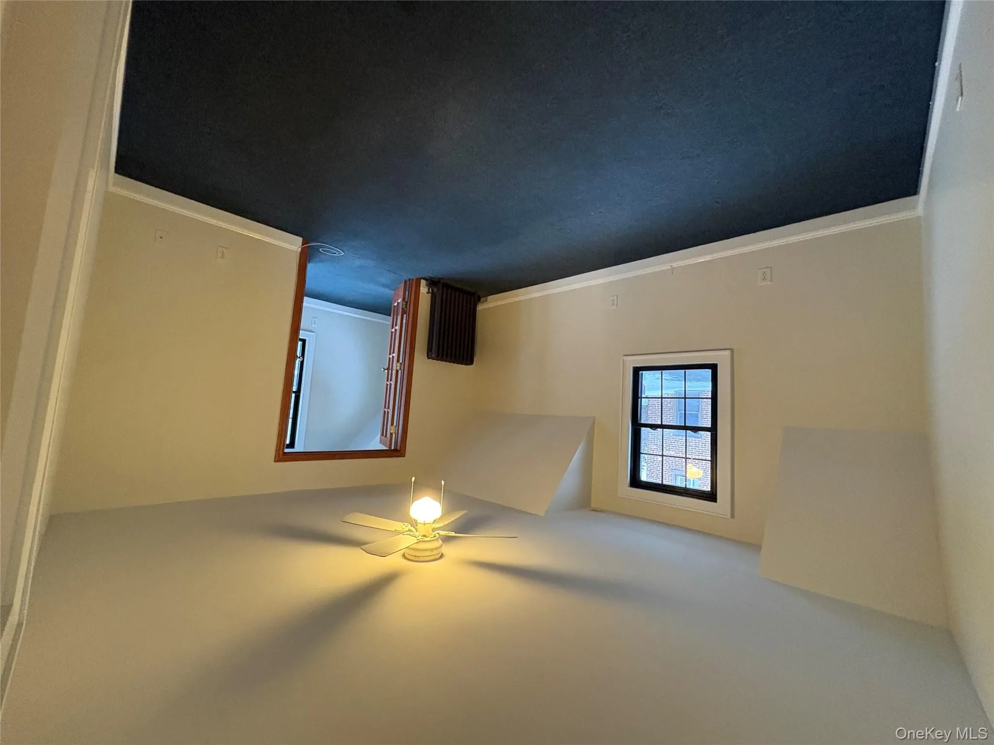 Additional living space featuring radiator heating unit, dark colored carpet, and ceiling fan Additional living space featuring radiator heating unit, dark colored carpet, and ceiling fan