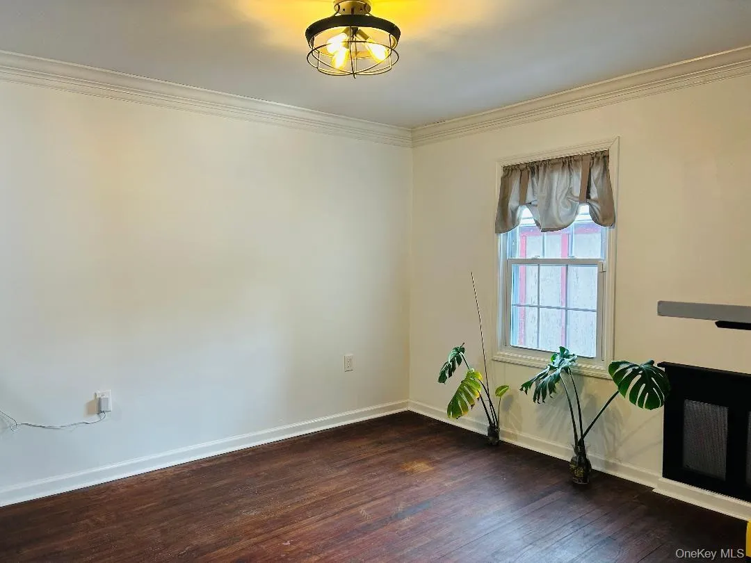 Empty room featuring crown molding and dark wood finished floors Empty room featuring crown molding and dark wood finished floors