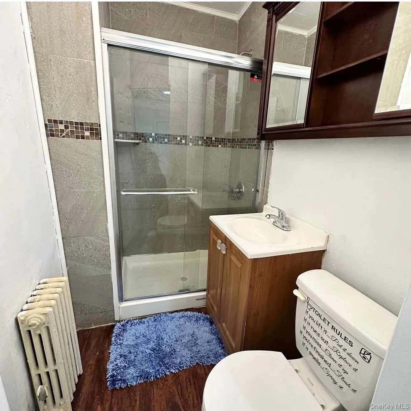 Bathroom featuring radiator heating unit, vanity, a shower stall, crown molding, and dark wood-style flooring Bathroom featuring radiator heating unit, vanity, a shower stall, crown molding, and dark wood-style flooring