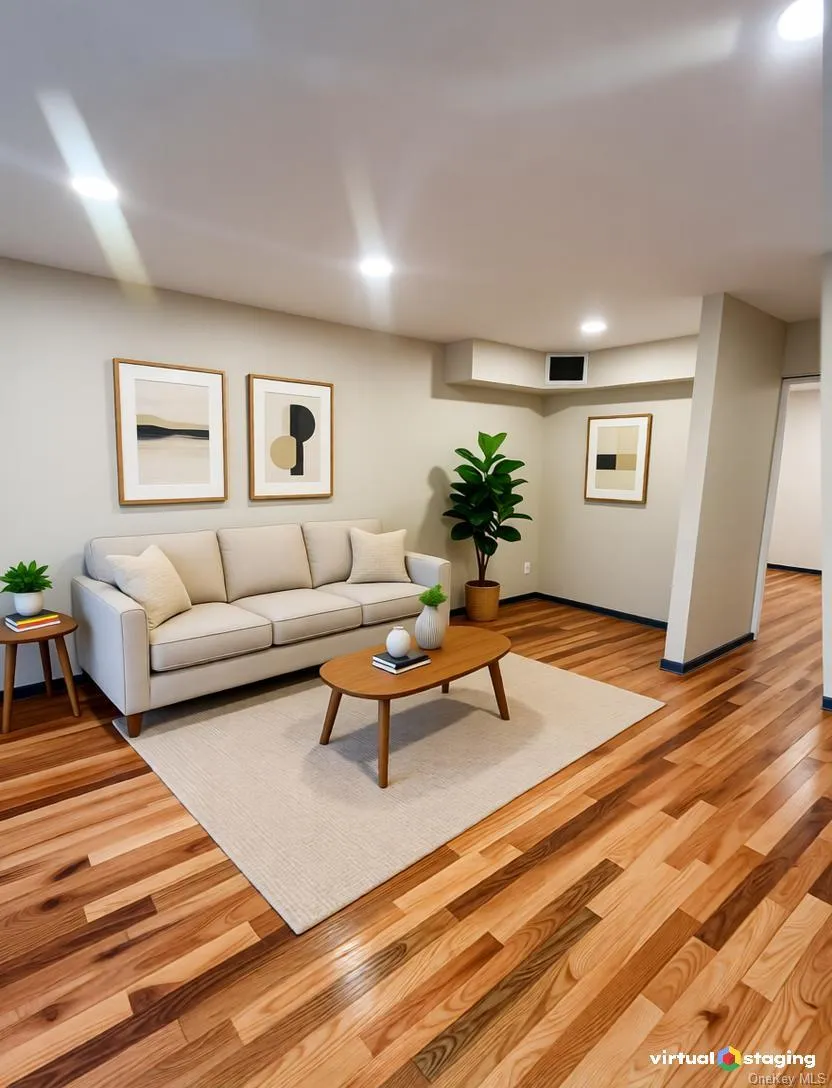 Living room with light wood-style floors and recessed lighting Living room with light wood-style floors and recessed lighting