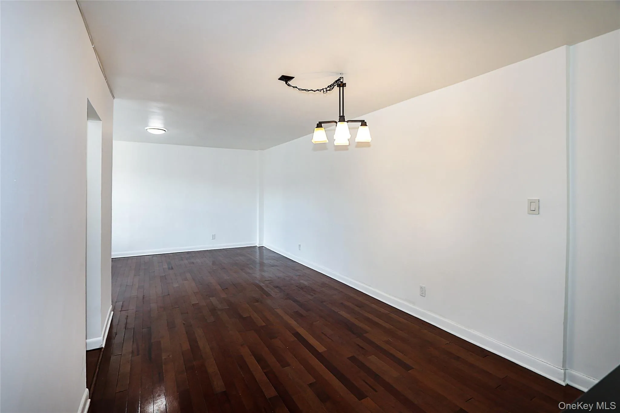 Empty room with dark wood-type flooring and baseboards Empty room with dark wood-type flooring and baseboards