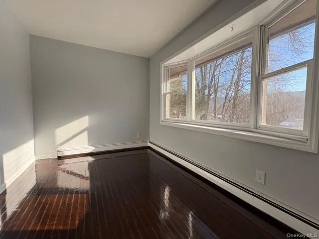 Spare room featuring a baseboard radiator, dark wood-style flooring, and a baseboard heating unit Spare room featuring a baseboard radiator, dark wood-style flooring, and a baseboard heating unit