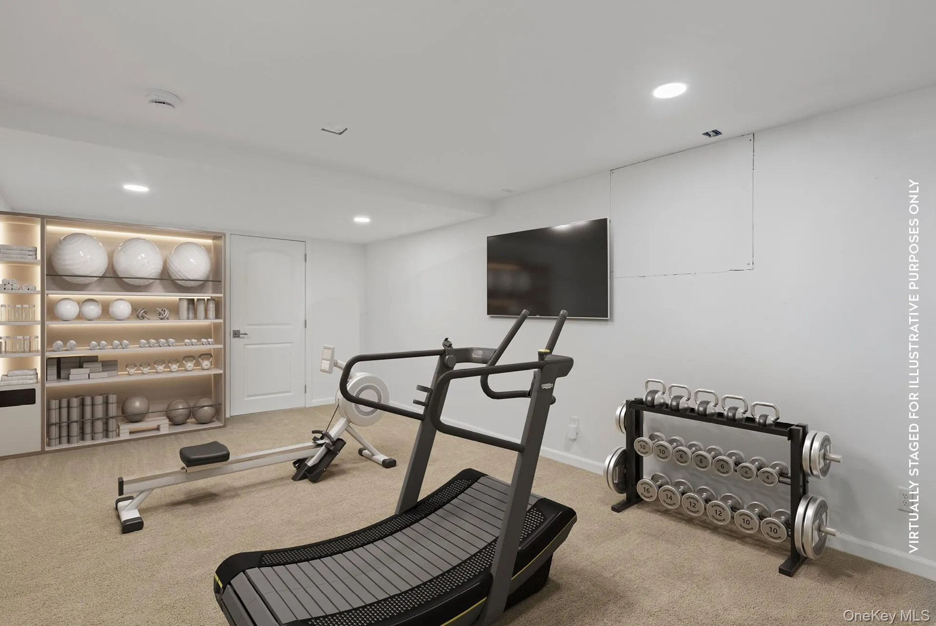 Exercise room featuring light colored carpet and recessed lighting