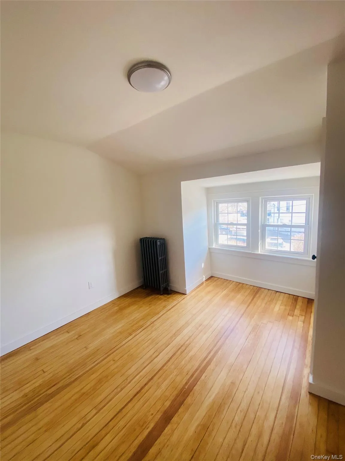 Unfurnished living room featuring radiator heating unit, light wood-type flooring, and vaulted ceiling Unfurnished living room featuring radiator heating unit, light wood-type flooring, and vaulted ceiling