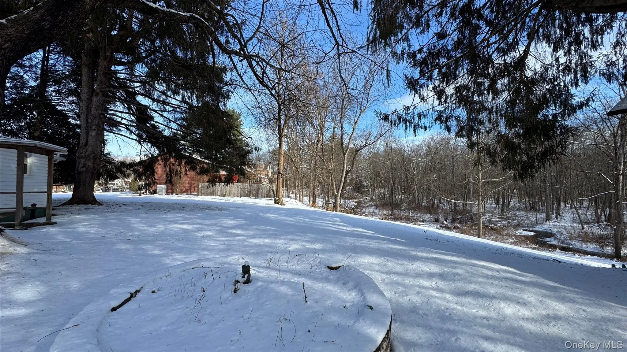 View of yard layered in snow View of yard layered in snow