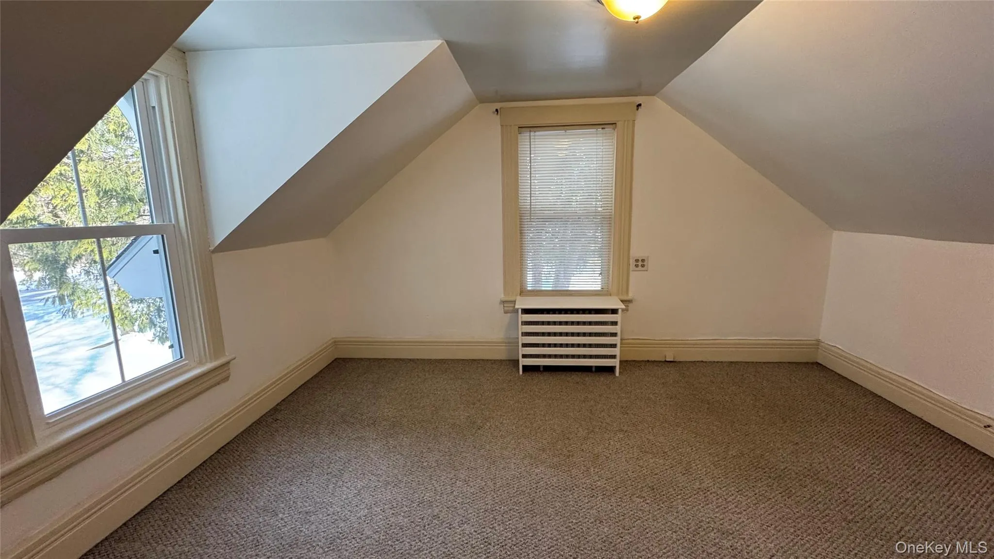 Additional living space featuring radiator, carpet floors, and vaulted ceiling Additional living space featuring radiator, carpet floors, and vaulted ceiling