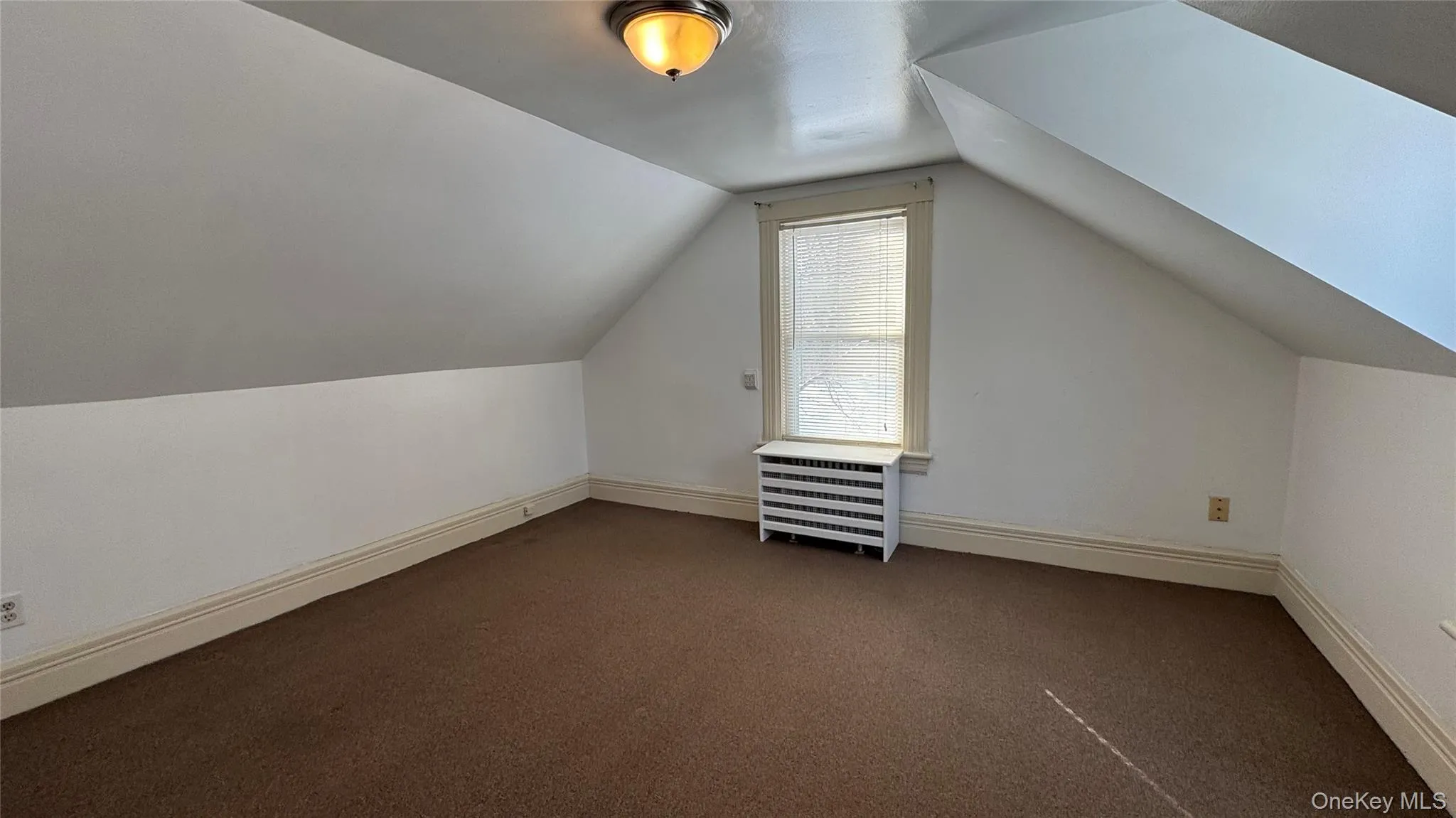 Additional living space featuring lofted ceiling, radiator, and carpet Additional living space featuring lofted ceiling, radiator, and carpet