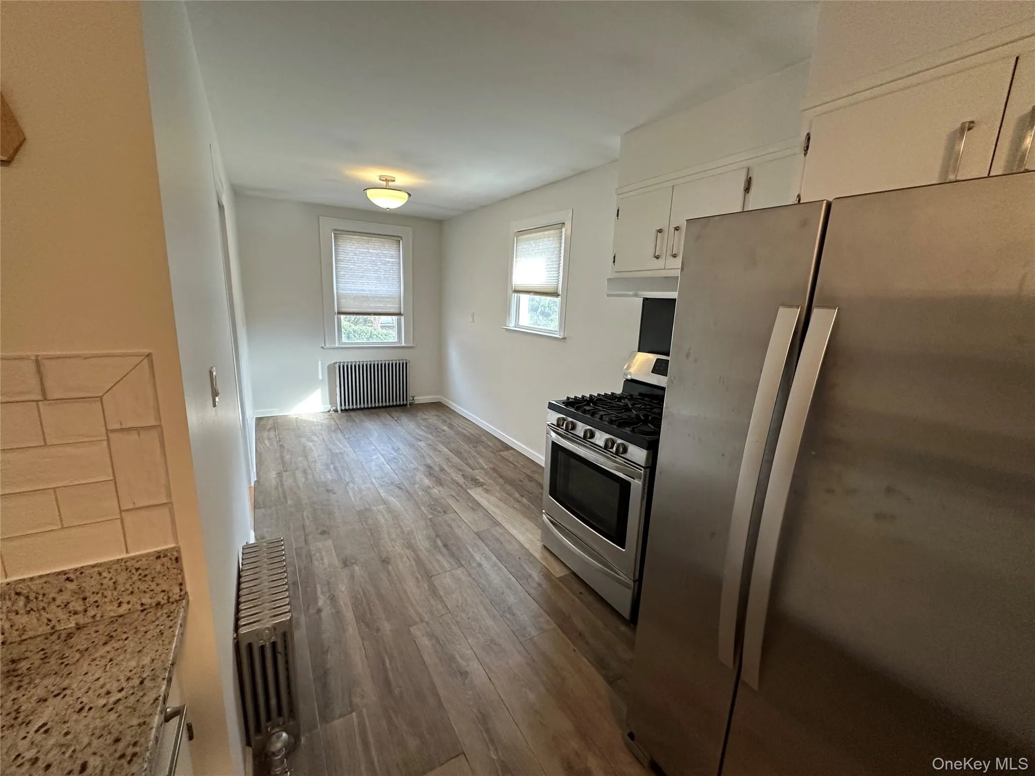 Kitchen featuring appliances with stainless steel finishes, white cabinetry, dark wood-style flooring, and radiator Kitchen featuring appliances with stainless steel finishes, white cabinetry, dark wood-style flooring, and radiator