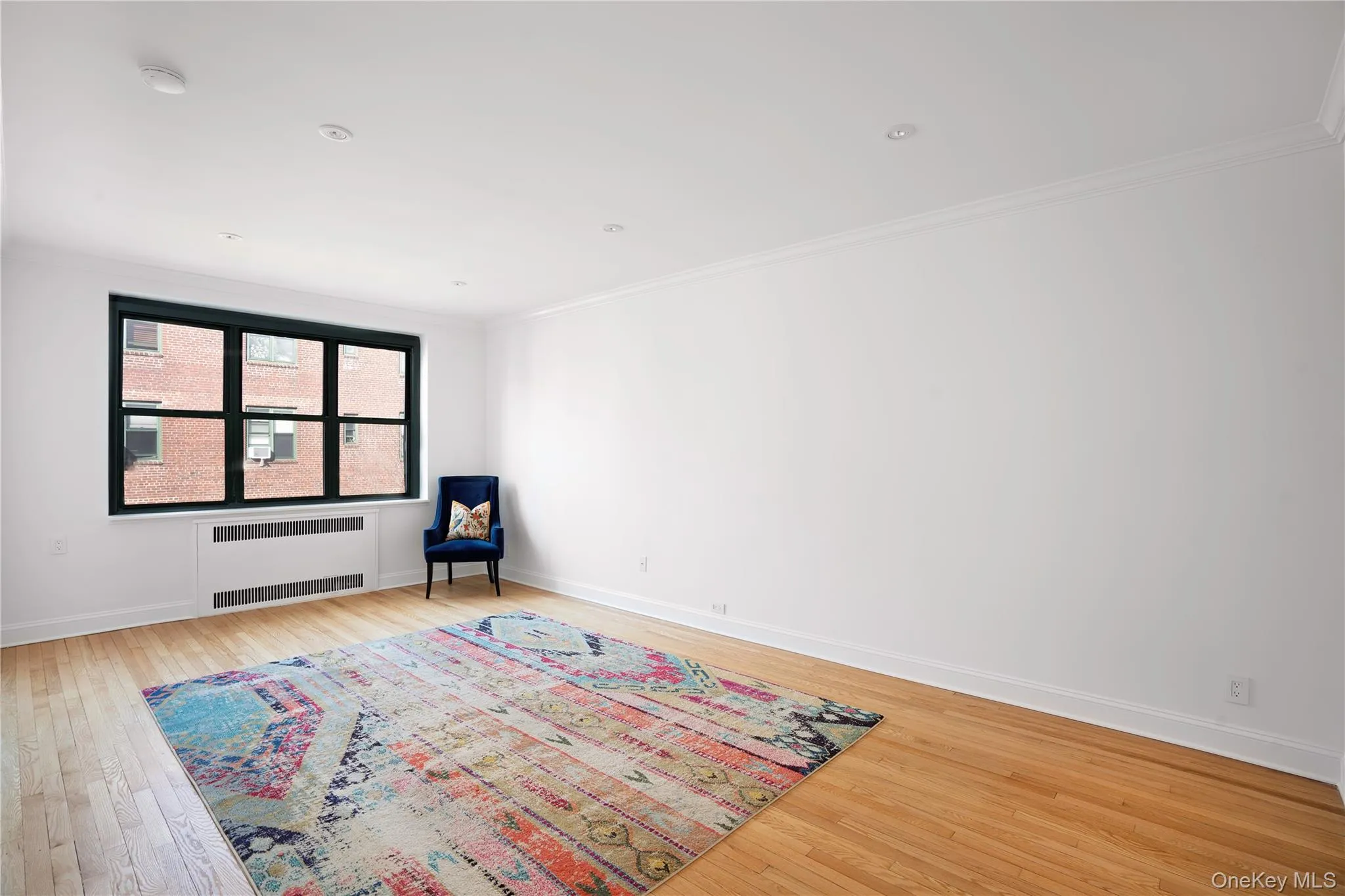 Unfurnished room featuring ornamental molding, radiator heating unit, and light wood-type flooring Unfurnished room featuring ornamental molding, radiator heating unit, and light wood-type flooring