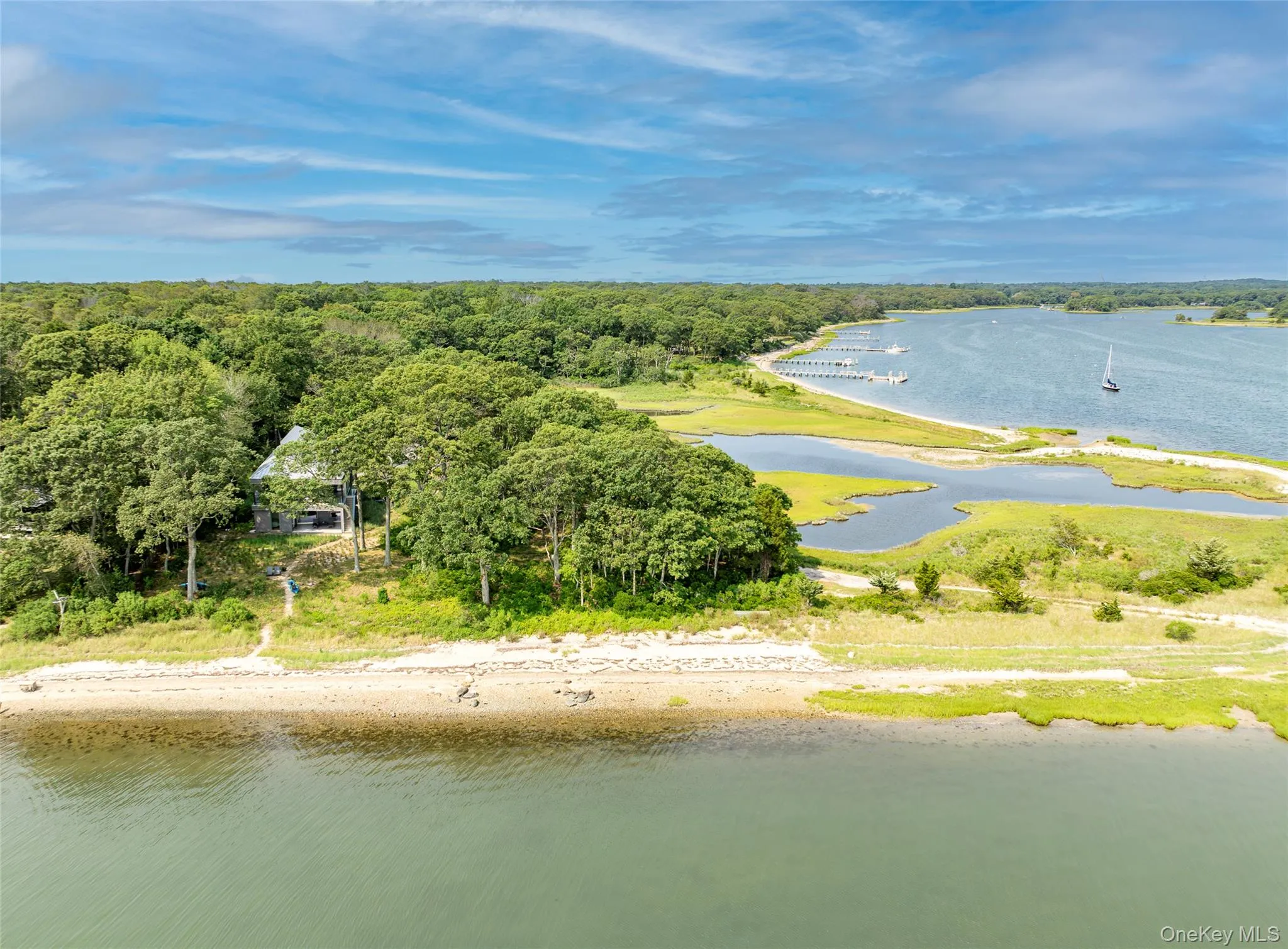 Bird's eye view of a large body of water and a heavily wooded area Bird's eye view of a large body of water and a heavily wooded area
