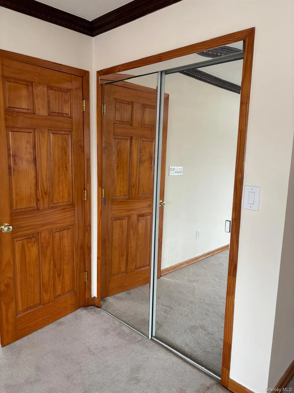 Unfurnished bedroom with a closet, crown molding, and light carpet Unfurnished bedroom with a closet, crown molding, and light carpet