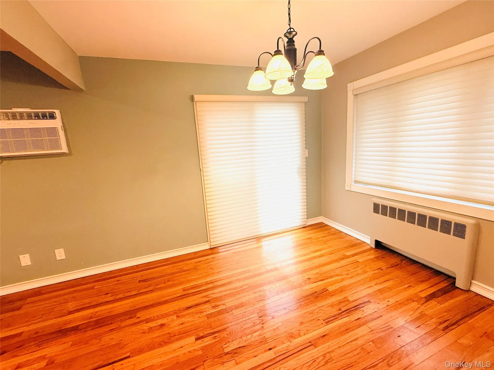 Spare room with radiator, light wood-style floors, a chandelier, and an AC wall unit Spare room with radiator, light wood-style floors, a chandelier, and an AC wall unit