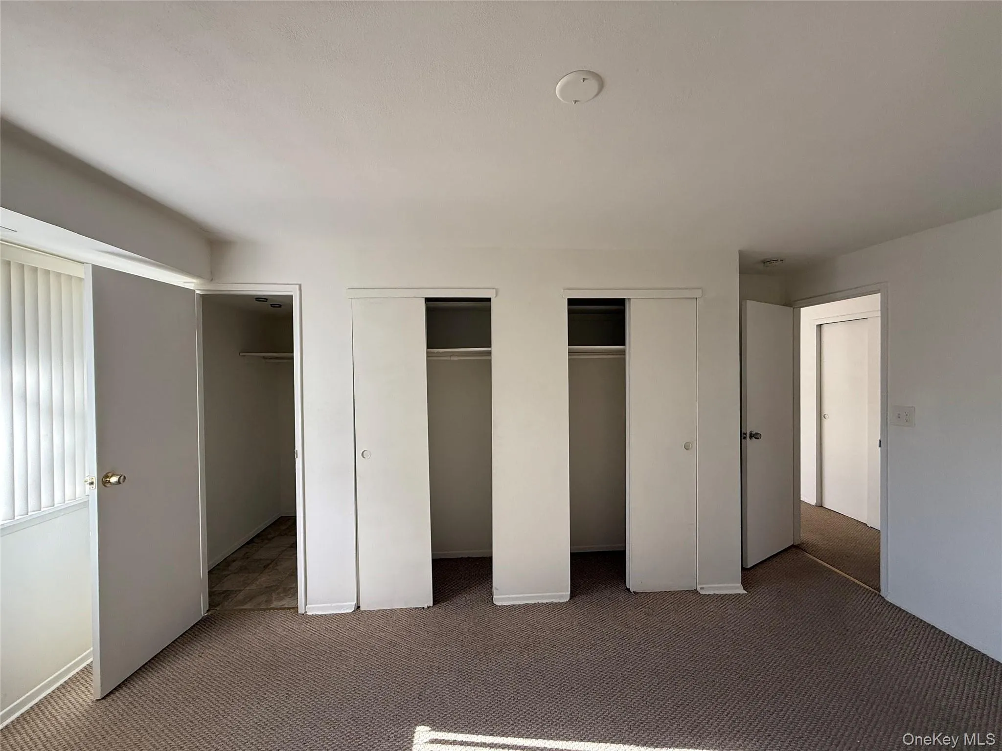 Unfurnished bedroom featuring carpet flooring and multiple closets Unfurnished bedroom featuring carpet flooring and multiple closets