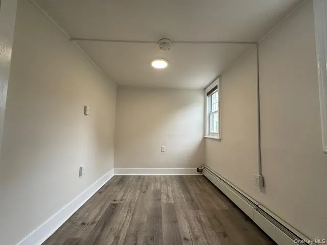 Spare room with baseboard heating, dark wood-style flooring, and a smoke detector Spare room with baseboard heating, dark wood-style flooring, and a smoke detector