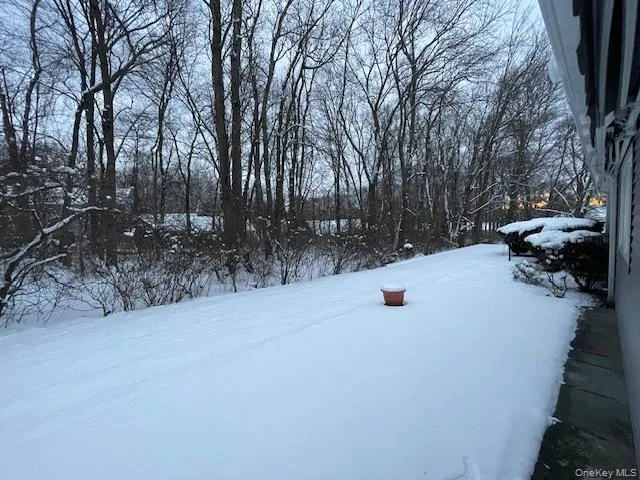 View of yard layered in snow View of yard layered in snow