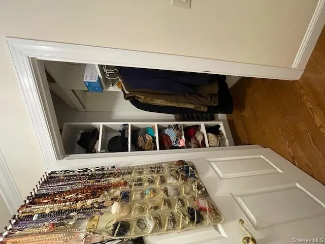 Walk in closet with dark wood-style flooring Walk in closet with dark wood-style flooring