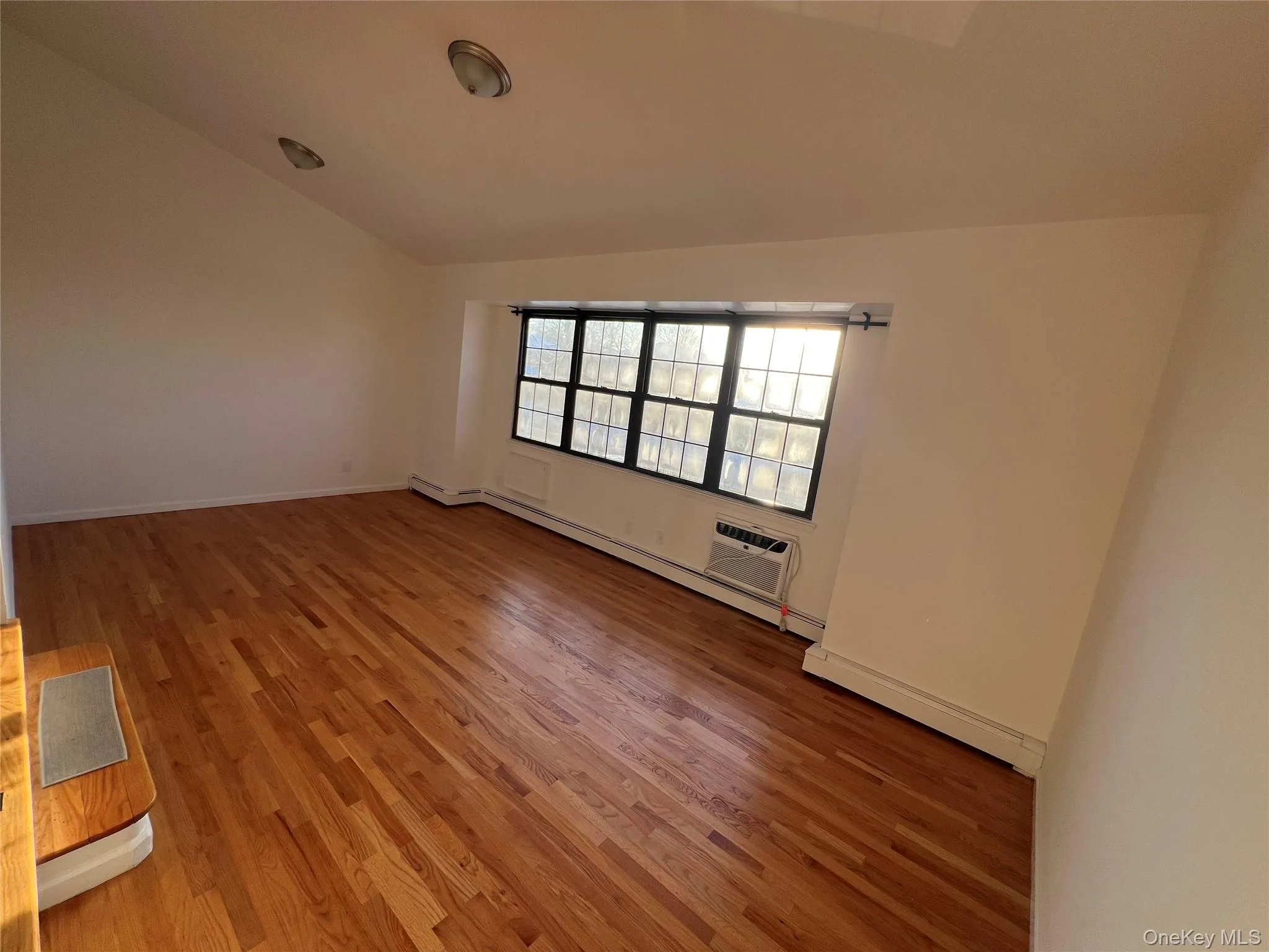 Unfurnished room featuring vaulted ceiling, baseboard heating, light wood-style floors, and a wall mounted air conditioner Unfurnished room featuring vaulted ceiling, baseboard heating, light wood-style floors, and a wall mounted air conditioner