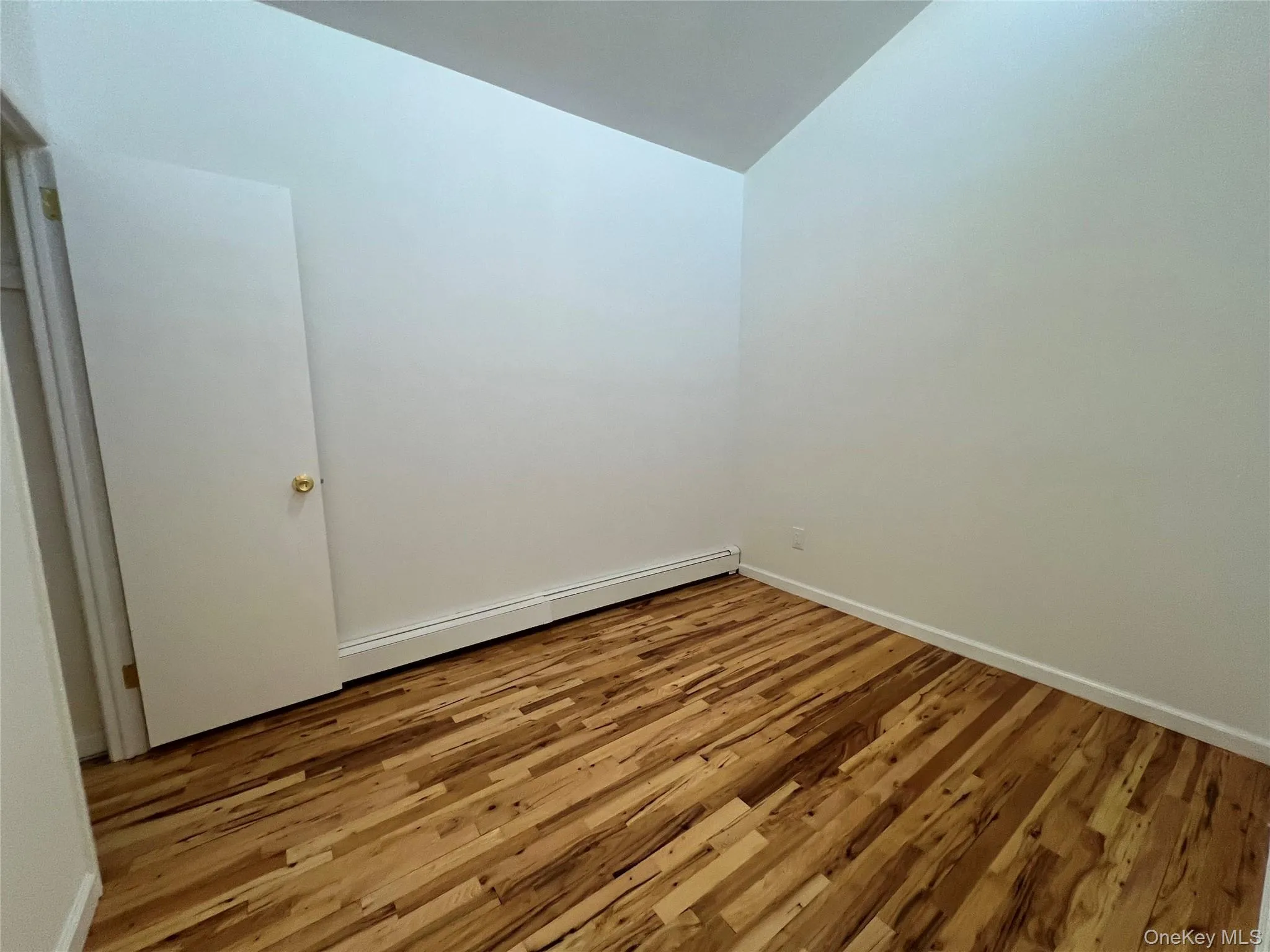 Spare room featuring hardwood / wood-style flooring, vaulted ceiling, and baseboard heating Spare room featuring hardwood / wood-style flooring, vaulted ceiling, and baseboard heating