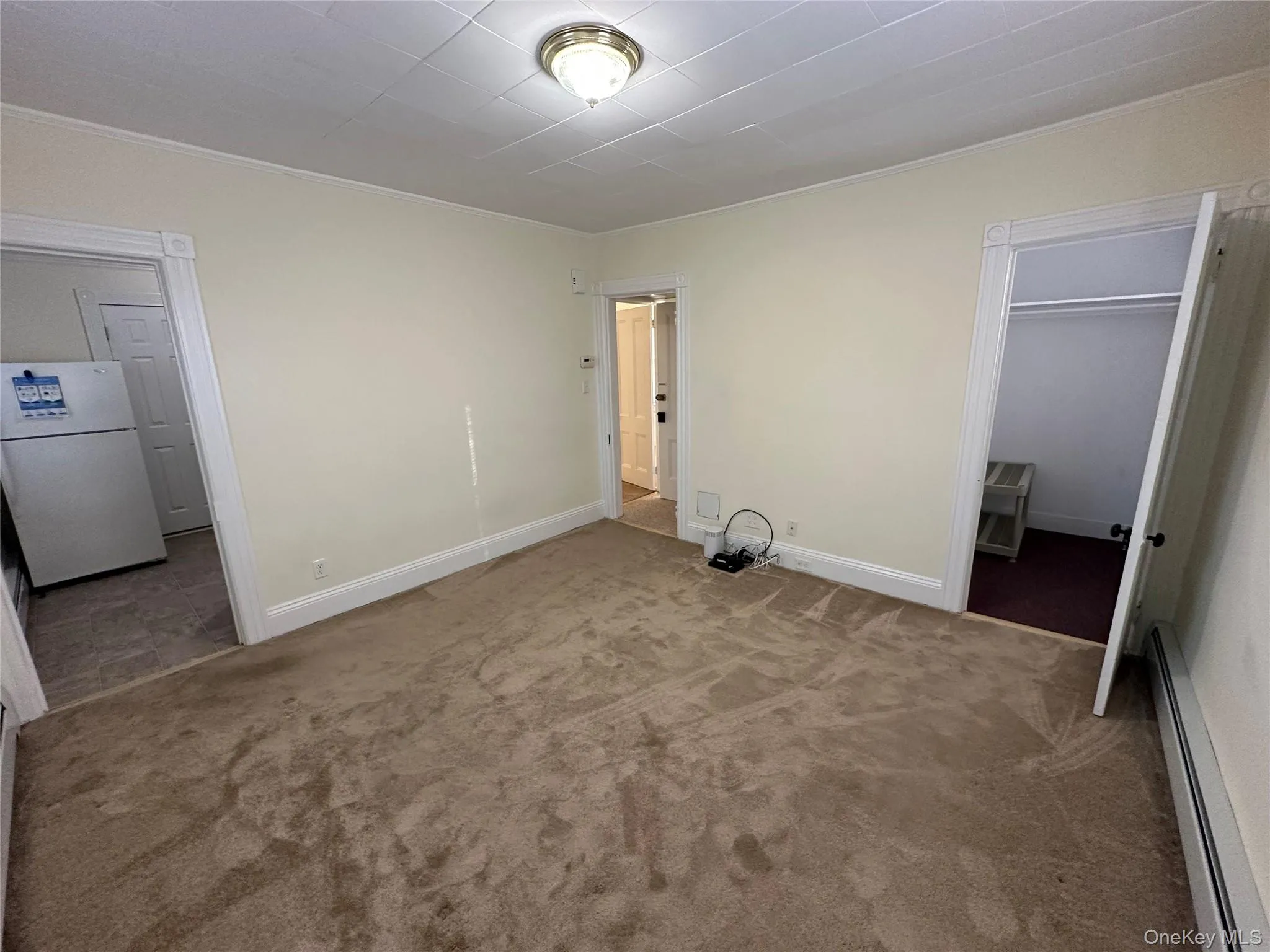 Living Room with baseboard heating, carpet, and ornamental molding with Closet Living Room with baseboard heating, carpet, and ornamental molding with Closet