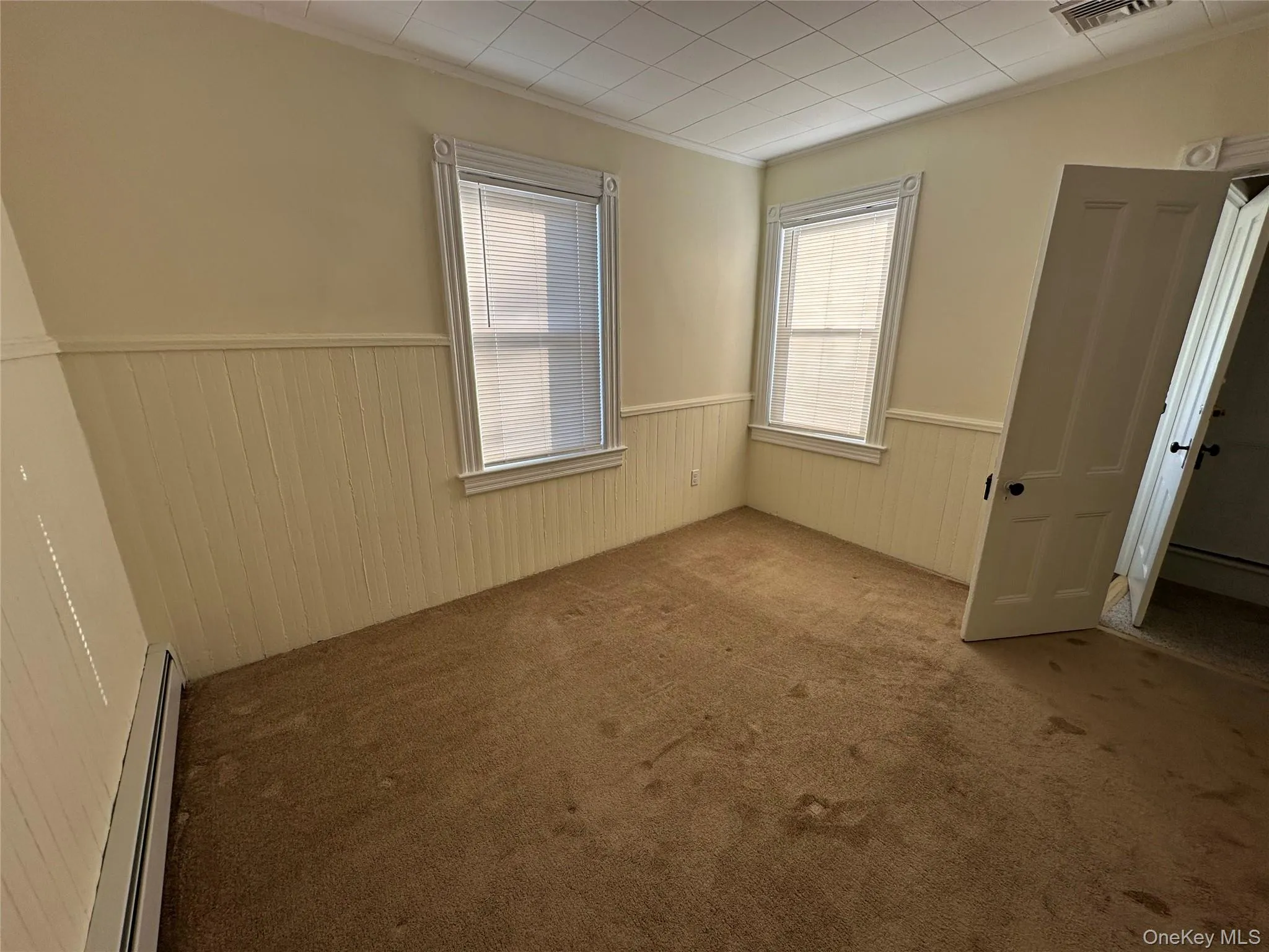 bedroom with healthy amount of natural light, a baseboard radiator, ornamental molding, wainscoting, and carpet floors bedroom with healthy amount of natural light, a baseboard radiator, ornamental molding, wainscoting, and carpet floors