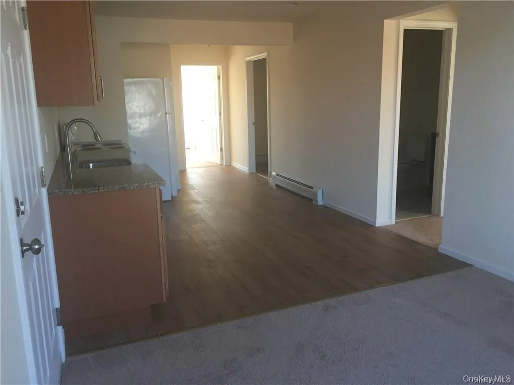 Kitchen featuring a baseboard heating unit, dark stone countertops, freestanding refrigerator, dark wood-type flooring, and dark carpet Kitchen featuring a baseboard heating unit, dark stone countertops, freestanding refrigerator, dark wood-type flooring, and dark carpet