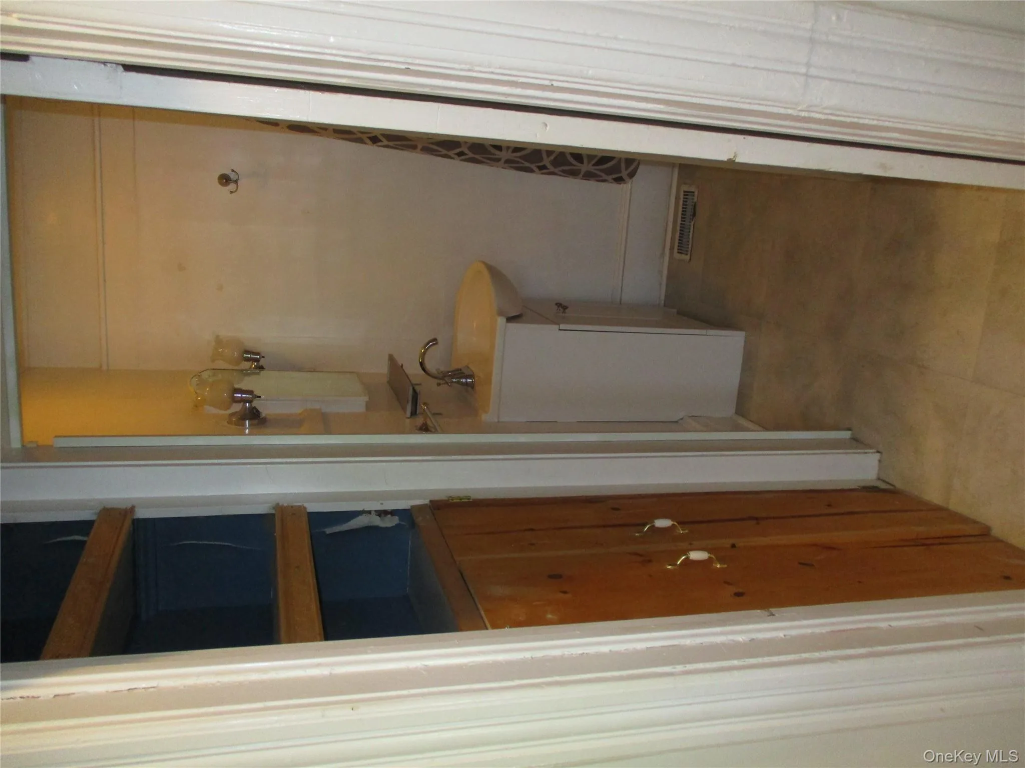 Full bathroom with vanity and curtained shower Full bathroom with vanity and curtained shower
