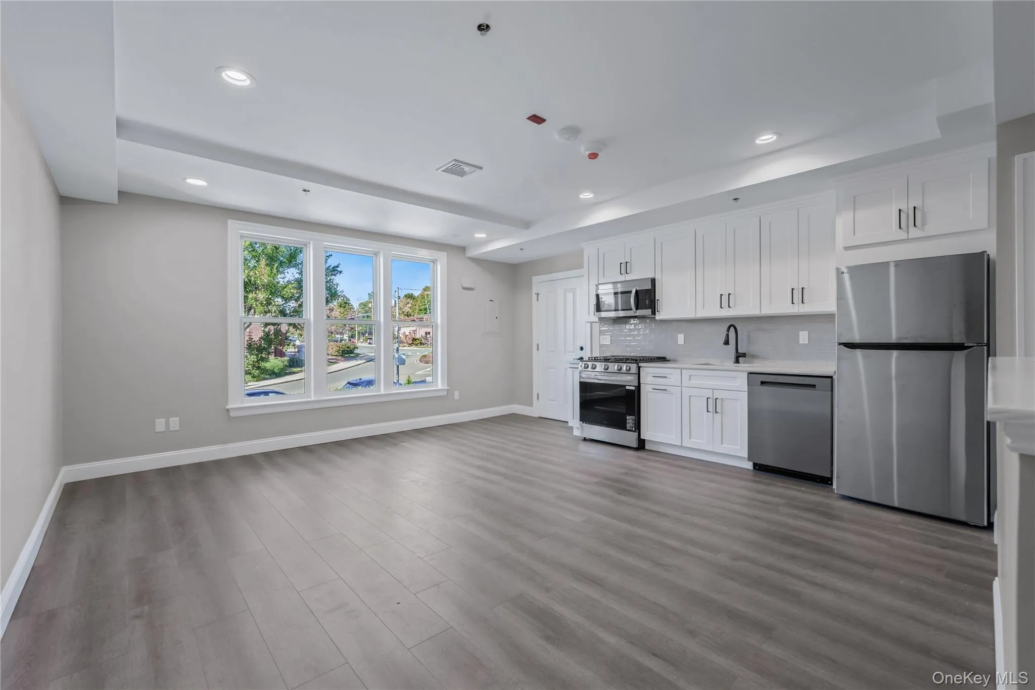 Kitchen with white cabinetry, stainless steel appliances, decorative backsplash, recessed lighting, and dark wood-style flooring Kitchen with white cabinetry, stainless steel appliances, decorative backsplash, recessed lighting, and dark wood-style flooring