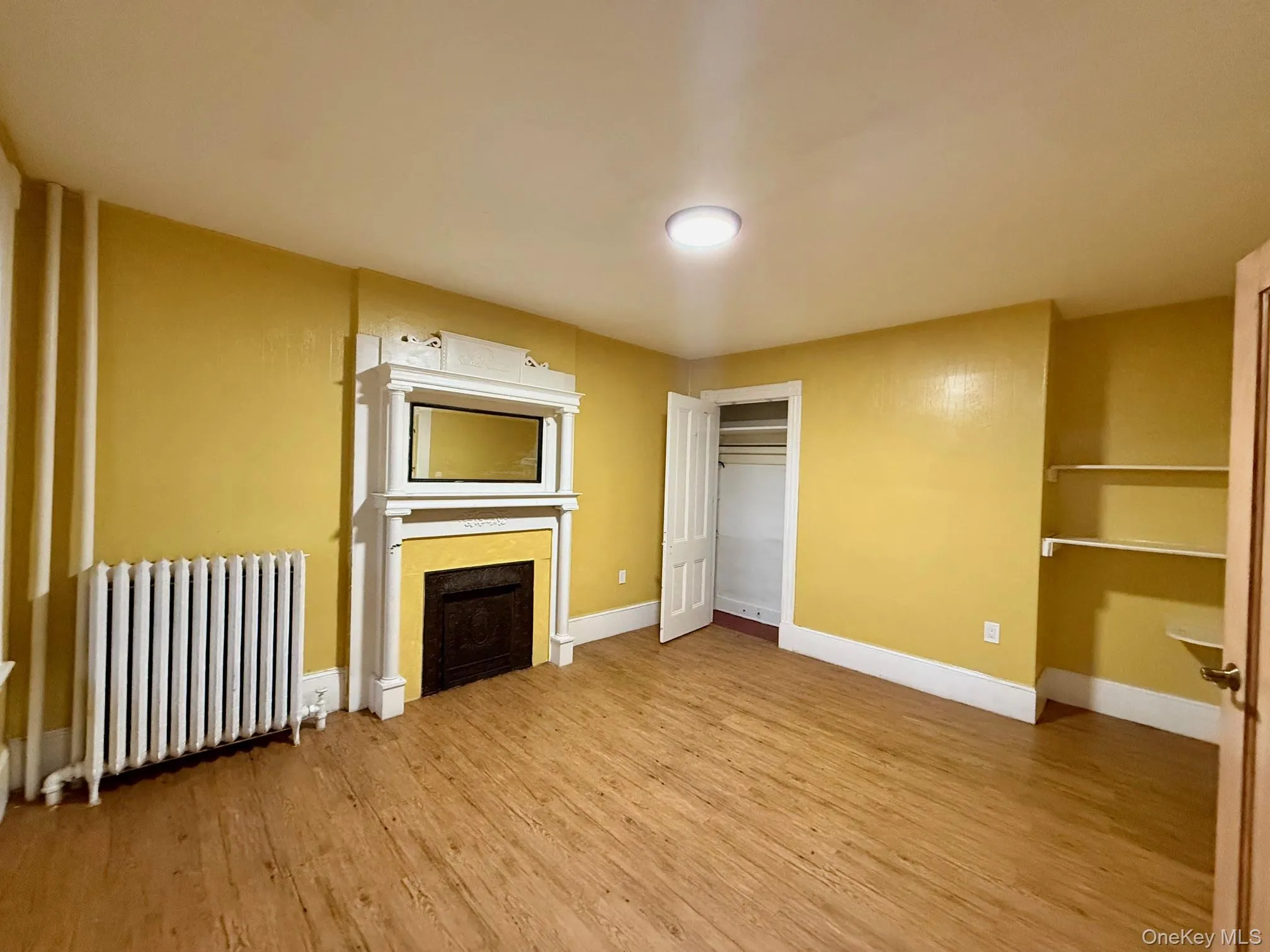 Unfurnished living room featuring radiator heating unit, light wood-type flooring, and a fireplace Unfurnished living room featuring radiator heating unit, light wood-type flooring, and a fireplace