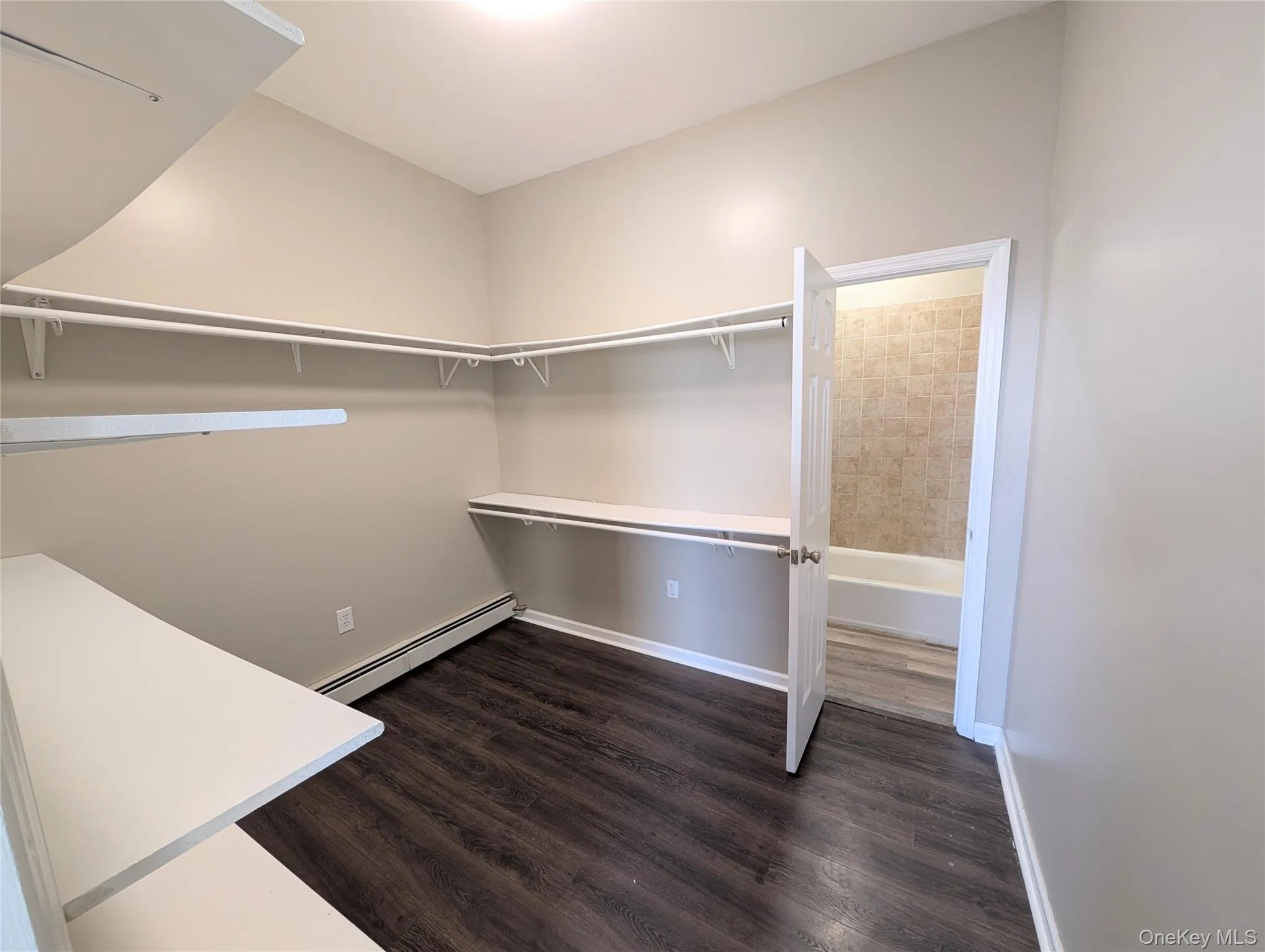 Spacious closet with a baseboard radiator and dark wood finished floors Spacious closet with a baseboard radiator and dark wood finished floors