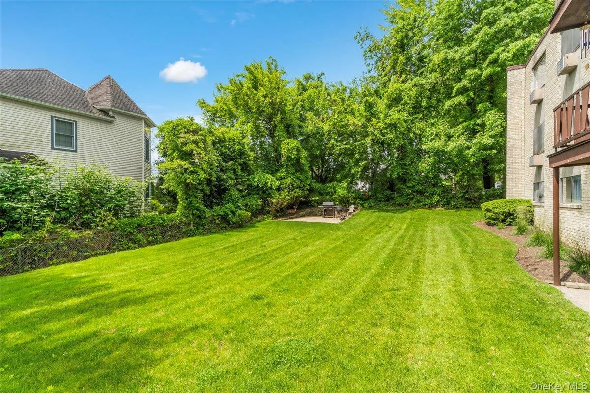 View of green lawn featuring a patio View of green lawn featuring a patio
