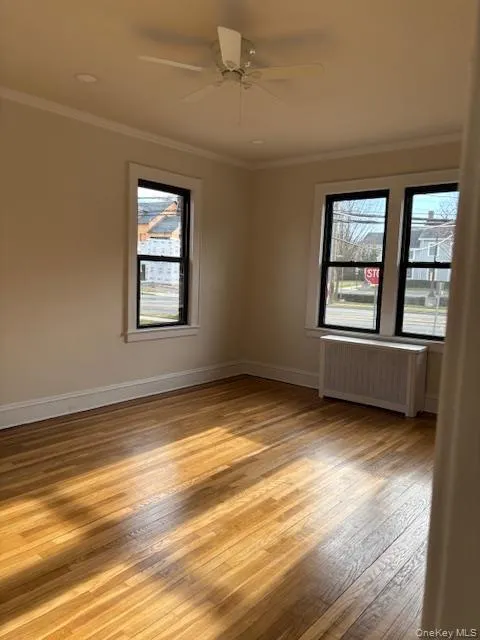 Unfurnished room with crown molding, radiator, light wood finished floors, and a ceiling fan Unfurnished room with crown molding, radiator, light wood finished floors, and a ceiling fan