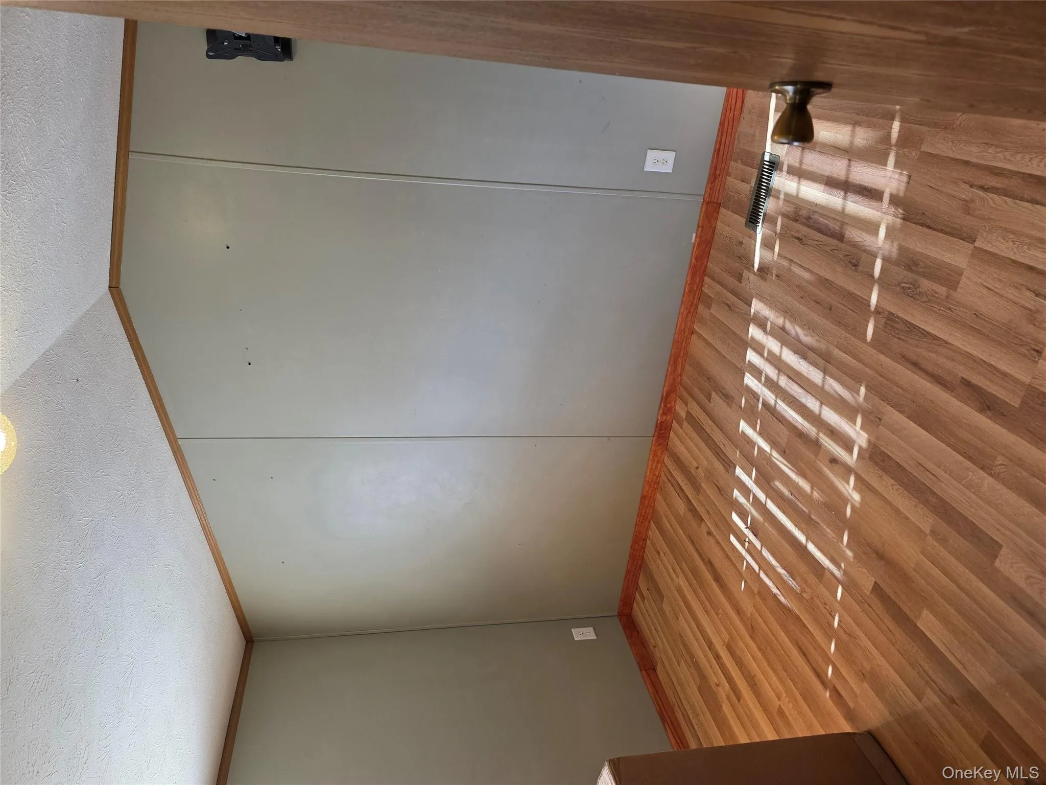 Spare room with a textured ceiling, light wood finished floors, a decorative wall, lofted ceiling, and ornamental molding Spare room with a textured ceiling, light wood finished floors, a decorative wall, lofted ceiling, and ornamental molding
