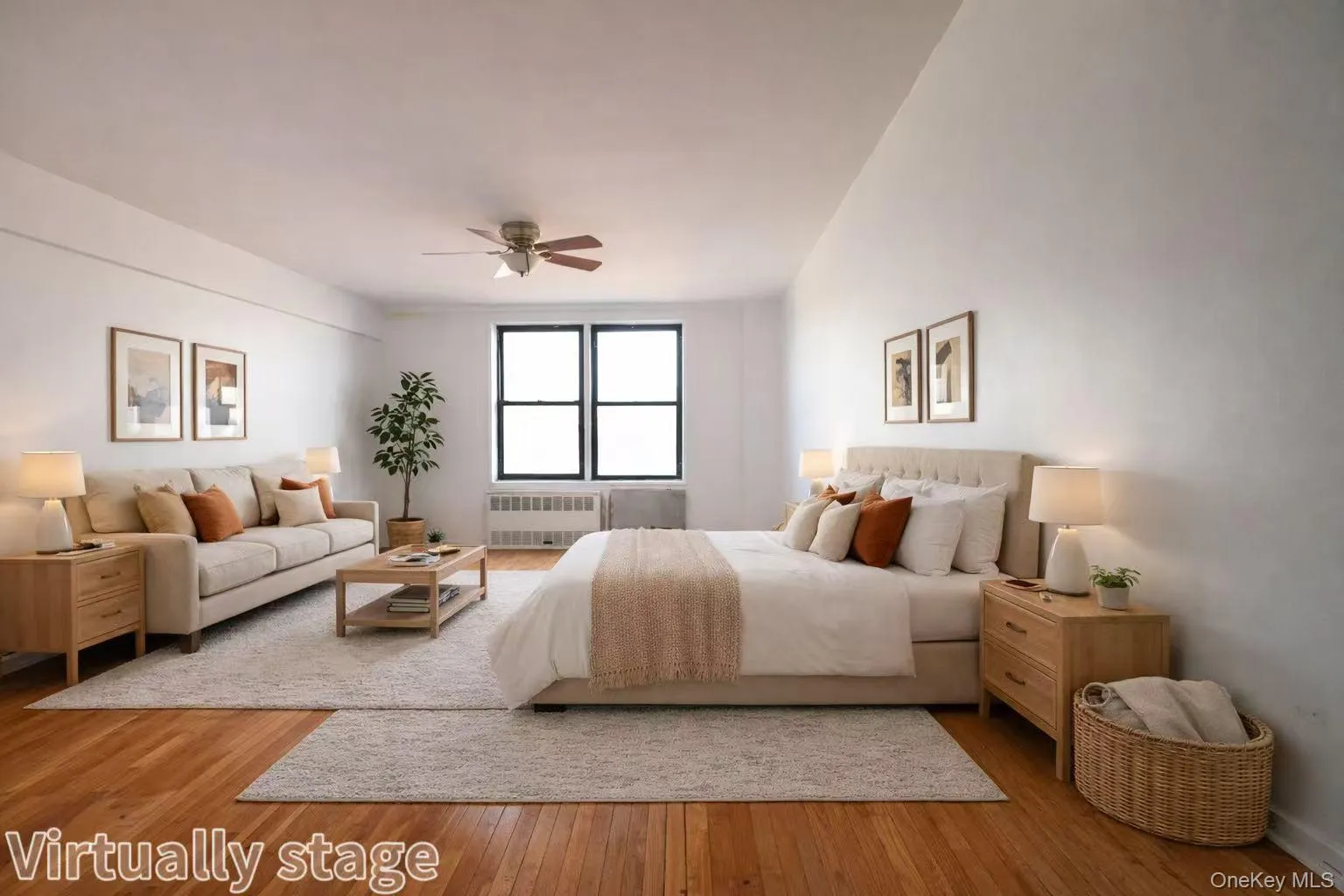 Virtually staged bedroom with hardwood / wood-style floors, radiator, and ceiling fan Virtually staged bedroom with hardwood / wood-style floors, radiator, and ceiling fan