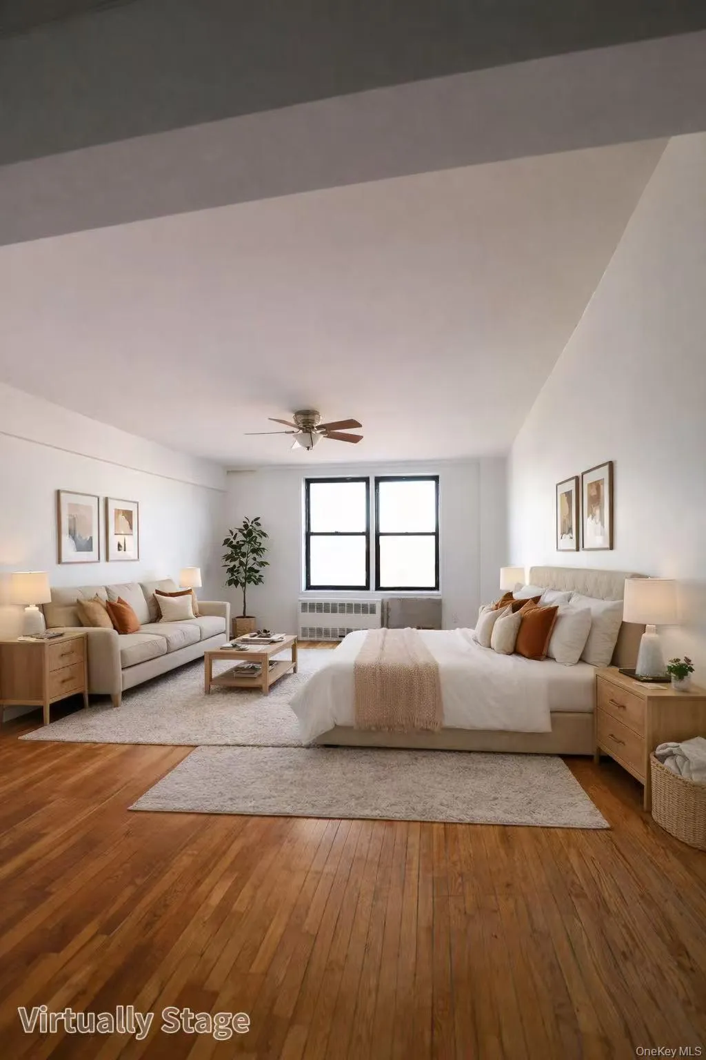 Bedroom with hardwood / wood-style flooring, radiator heating unit, and a ceiling fan Bedroom with hardwood / wood-style flooring, radiator heating unit, and a ceiling fan
