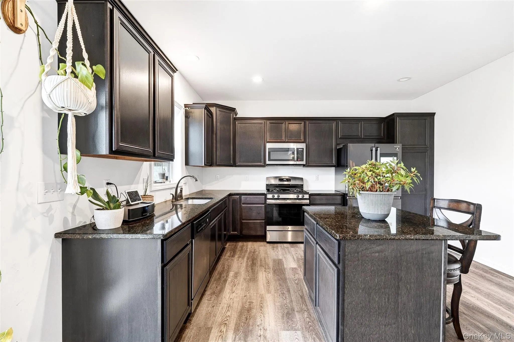Kitchen featuring appliances with stainless steel finishes, dark brown cabinetry, dark stone countertops, light wood-style flooring, and recessed lighting Kitchen featuring appliances with stainless steel finishes, dark brown cabinetry, dark stone countertops, light wood-style flooring, and recessed lighting