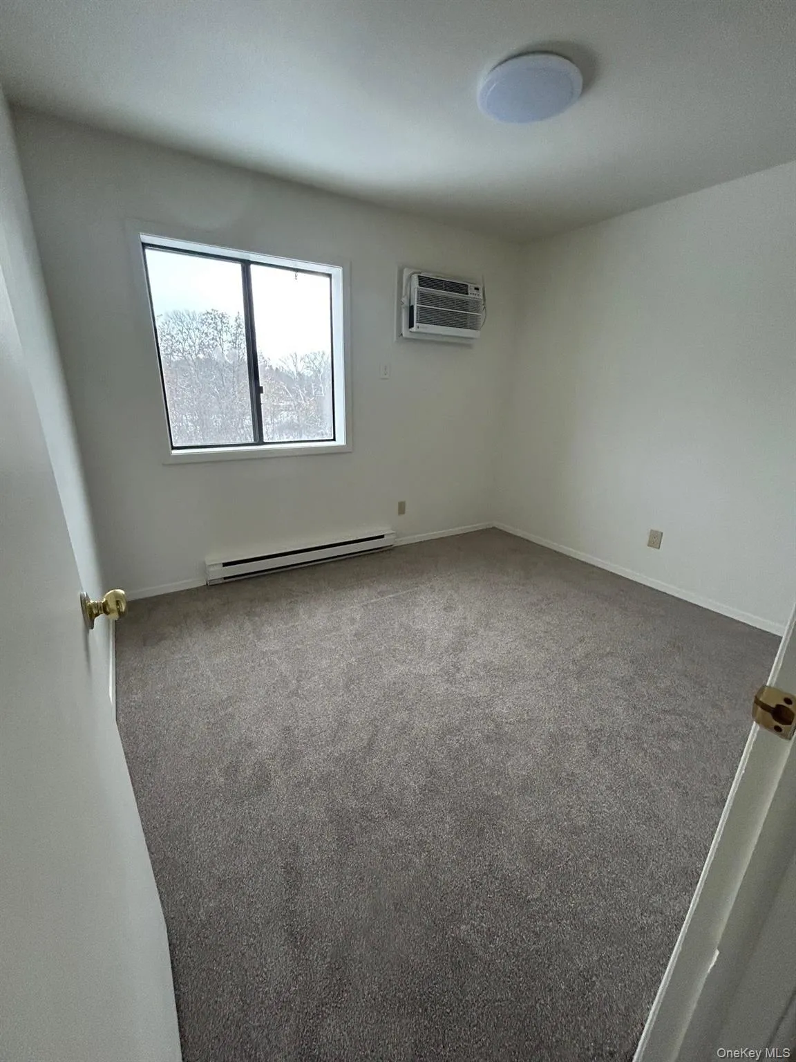 Carpeted empty room featuring a baseboard heating unit and a wall mounted AC Carpeted empty room featuring a baseboard heating unit and a wall mounted AC