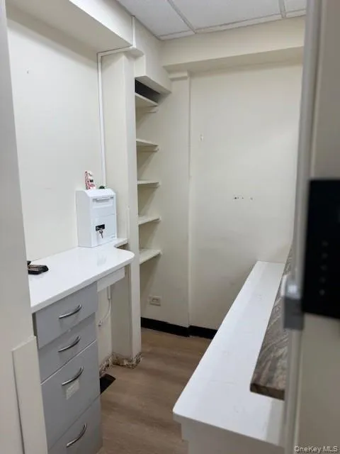 Spacious closet featuring light wood-style floors and a paneled ceiling Spacious closet featuring light wood-style floors and a paneled ceiling