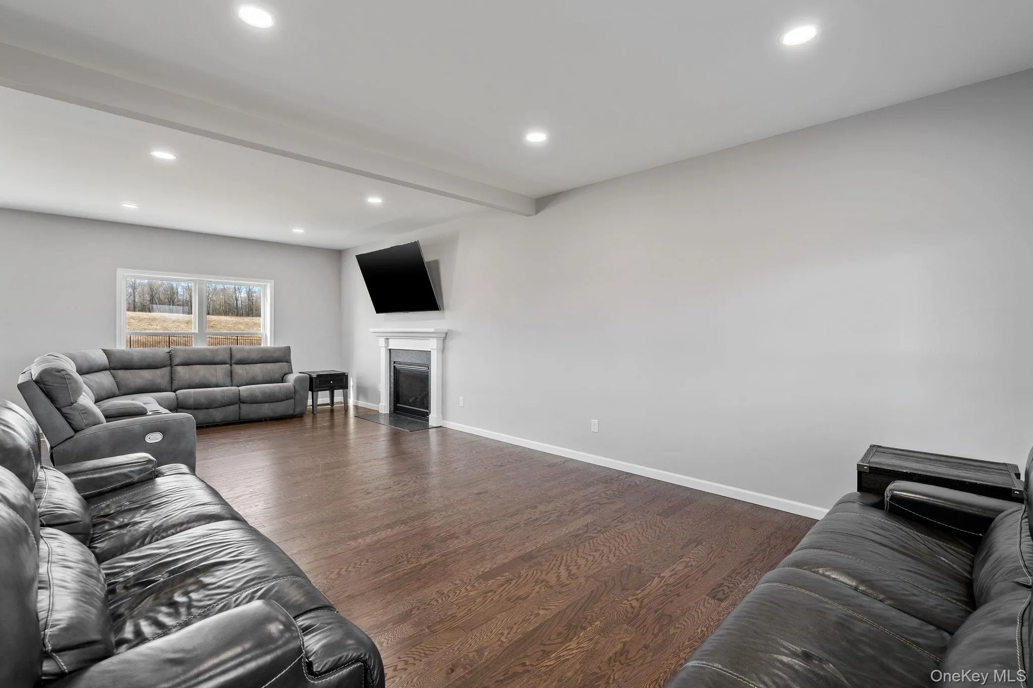 Living room with recessed lighting, dark wood-type flooring, and a fireplace with flush hearth Living room with recessed lighting, dark wood-type flooring, and a fireplace with flush hearth