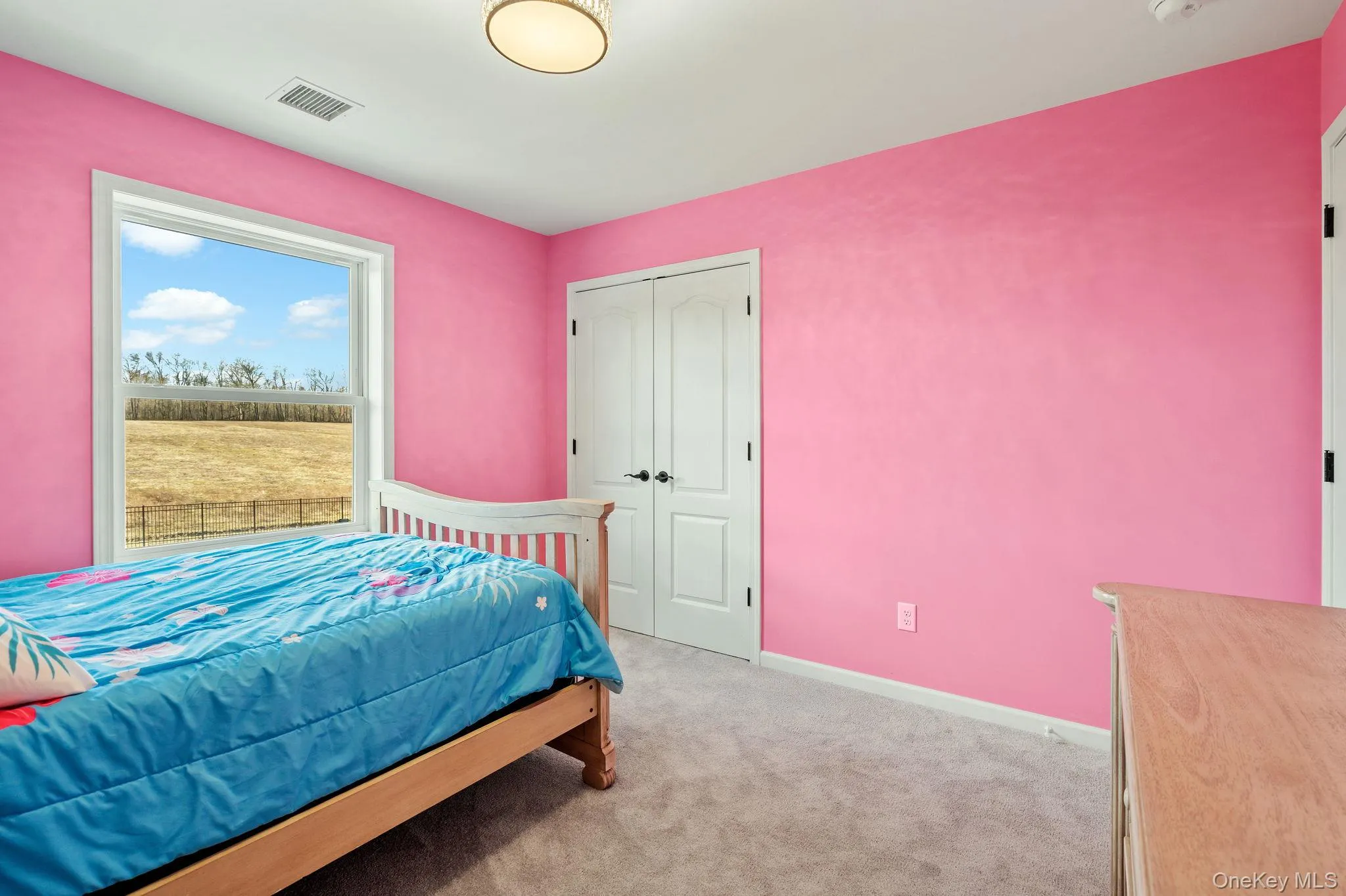 Bedroom with light colored carpet and a closet Bedroom with light colored carpet and a closet