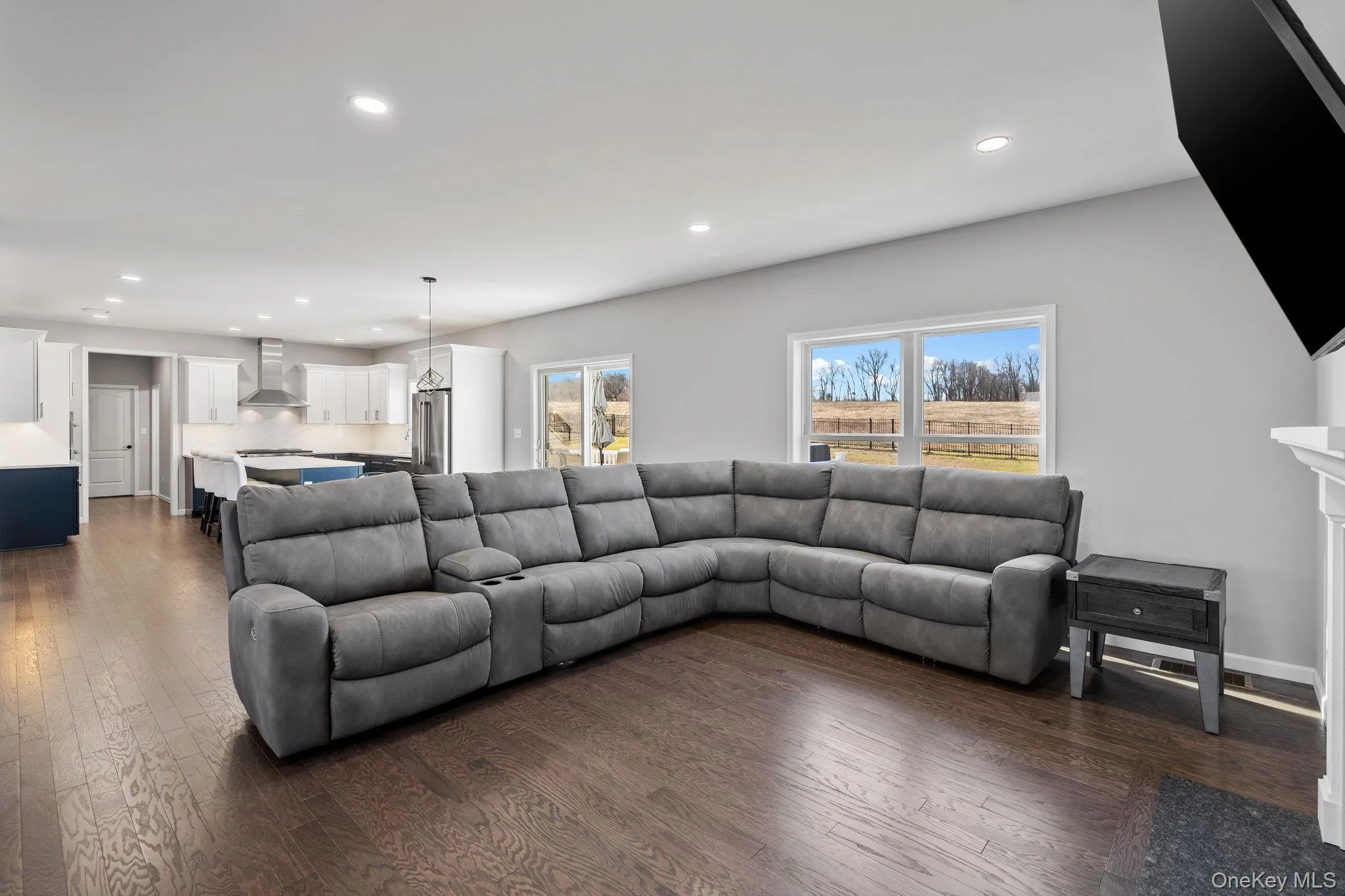 Living area with recessed lighting and dark wood-style floors Living area with recessed lighting and dark wood-style floors