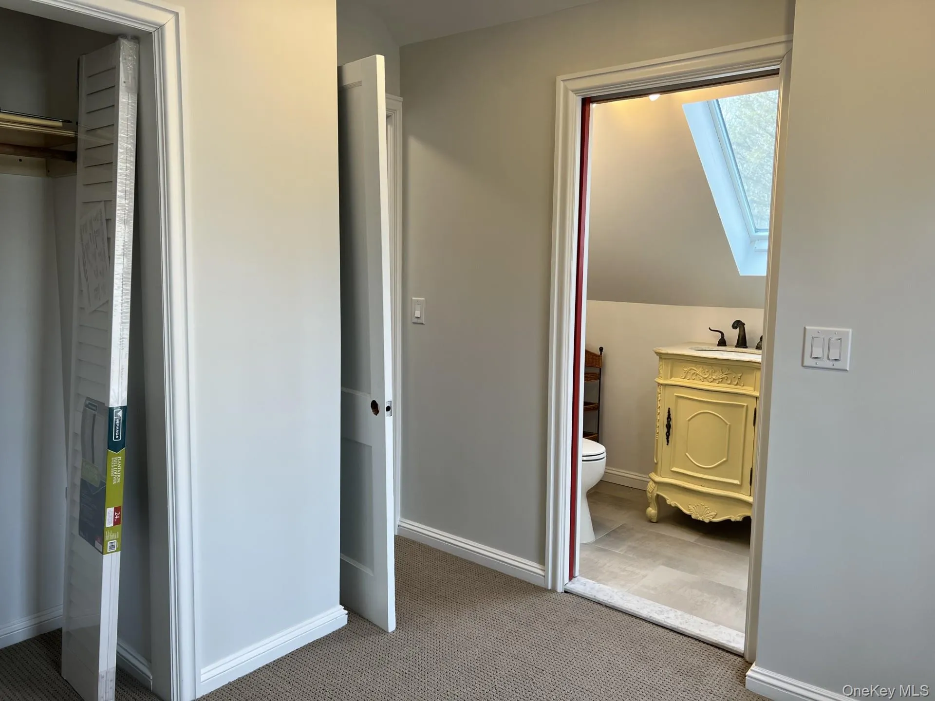 Carpeted bedroom featuring ensuite bathroom and a skylight Carpeted bedroom featuring ensuite bathroom and a skylight