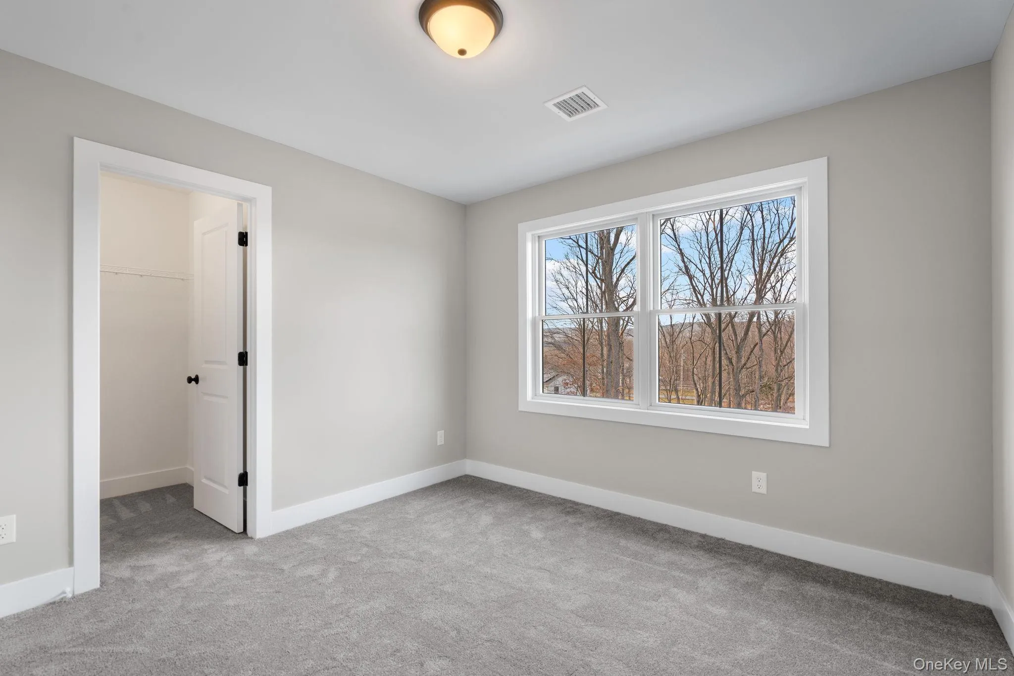 Unfurnished bedroom with light carpet and a spacious closet Unfurnished bedroom with light carpet and a spacious closet