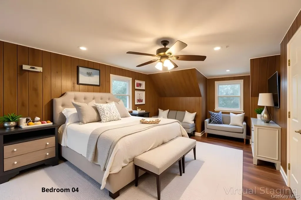 Bedroom featuring recessed lighting, wooden walls, multiple windows, wood finished floors, and ceiling fan Bedroom featuring recessed lighting, wooden walls, multiple windows, wood finished floors, and ceiling fan