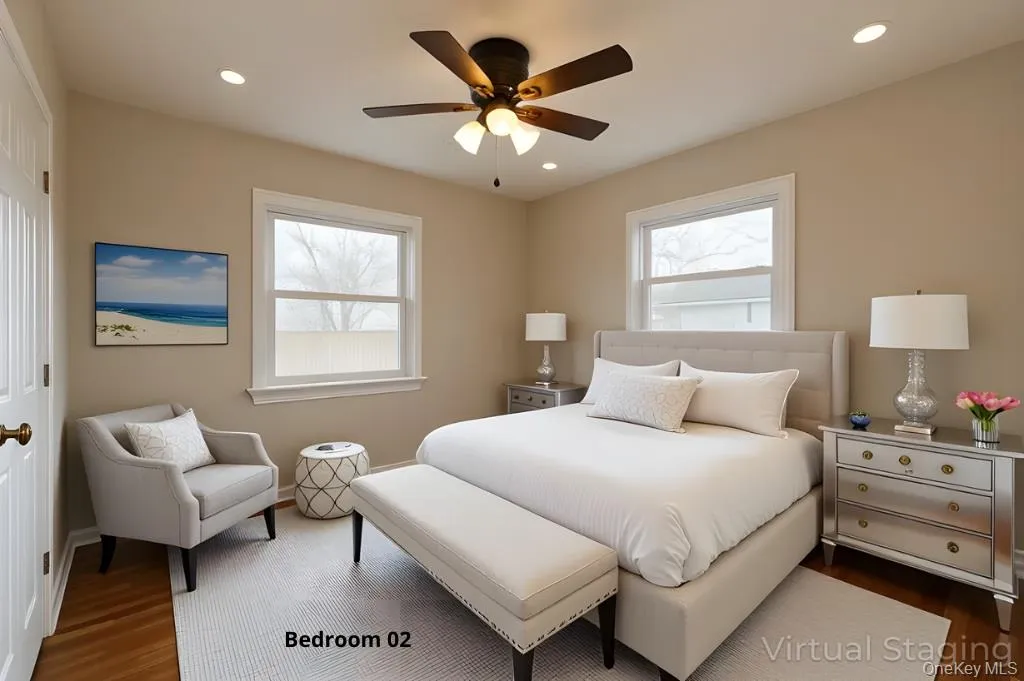 Bedroom featuring dark wood-style flooring, ceiling fan, multiple windows, and recessed lighting Bedroom featuring dark wood-style flooring, ceiling fan, multiple windows, and recessed lighting