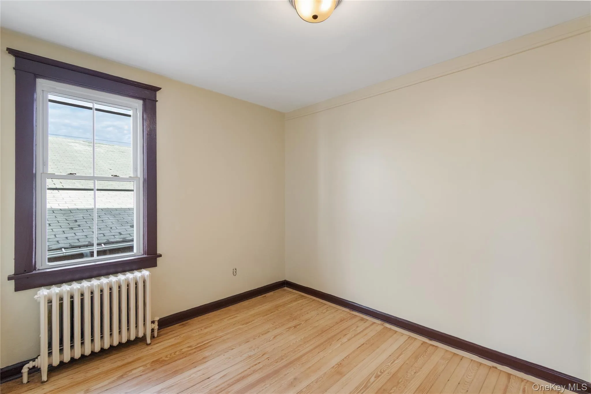 Unfurnished room featuring radiator heating unit and light wood-style flooring Unfurnished room featuring radiator heating unit and light wood-style flooring
