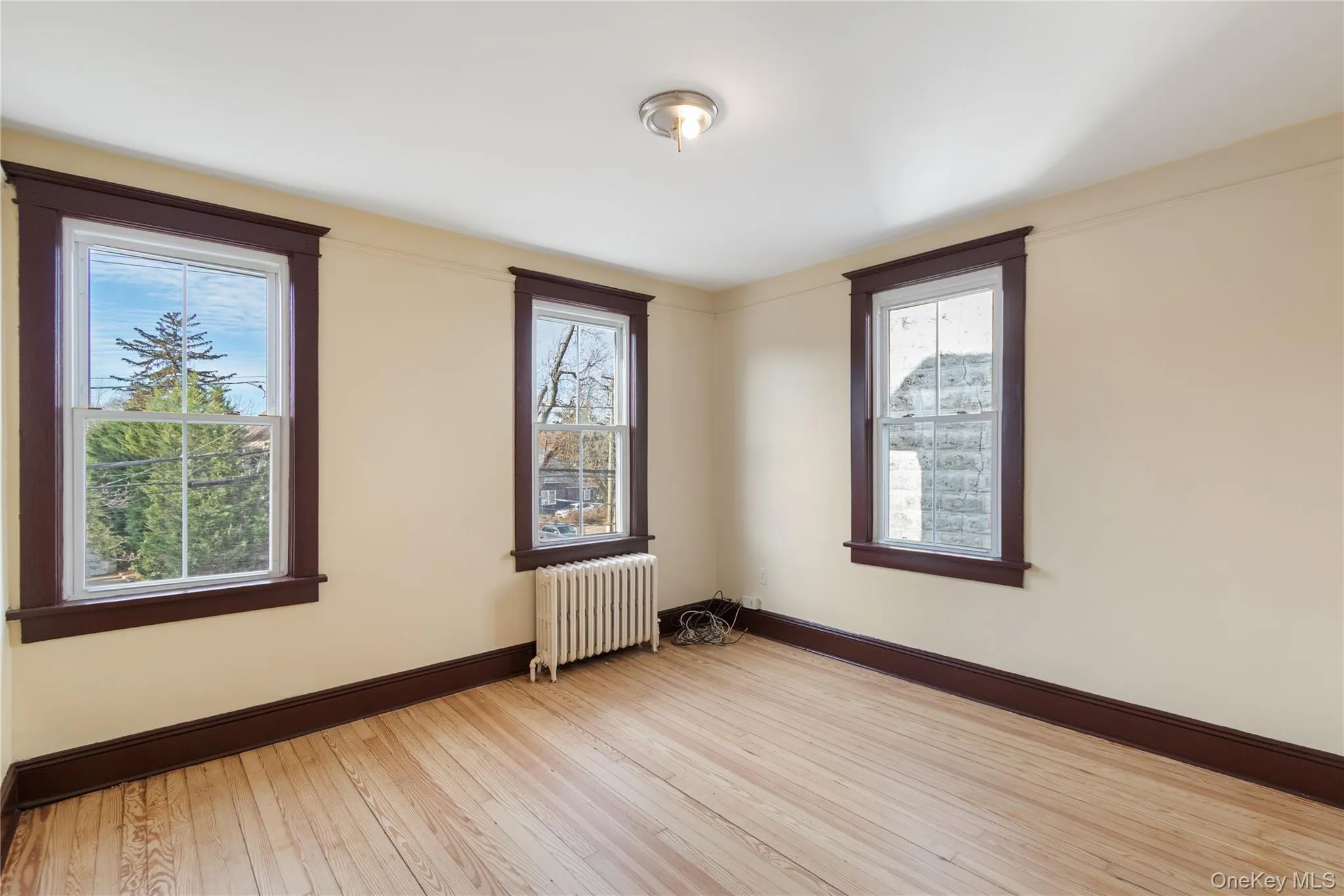 Unfurnished room featuring radiator and light wood finished floors Unfurnished room featuring radiator and light wood finished floors