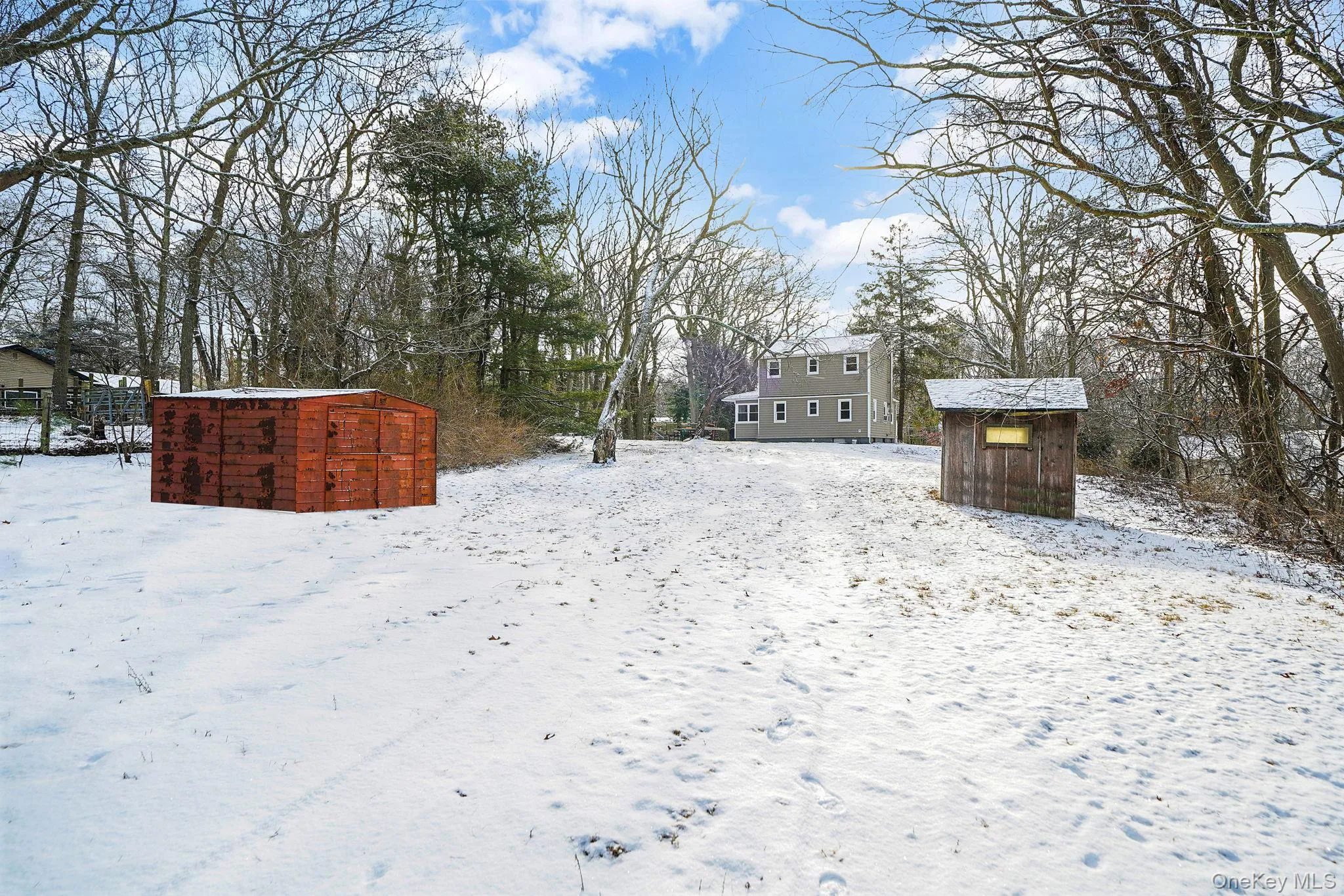 Yard covered in snow with a storage shed Yard covered in snow with a storage shed